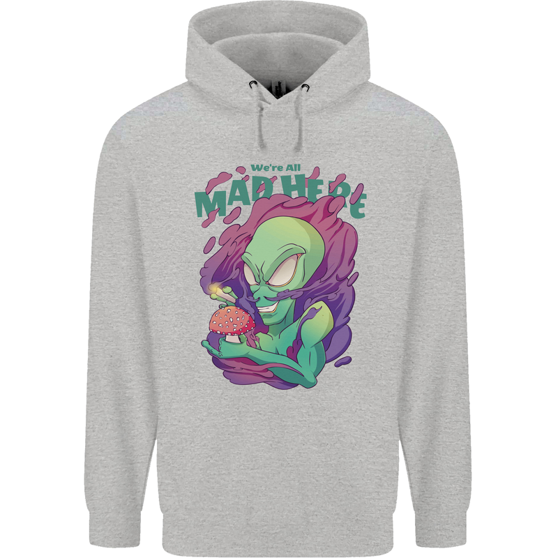 All Mad Here Alien Magic Mushrooms Childrens Kids Hoodie Sports Grey