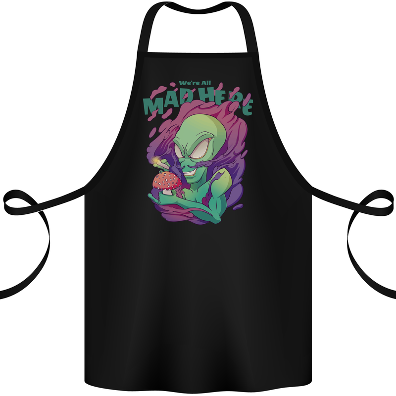 All Mad Here Alien Magic Mushrooms Cotton Apron 100% Organic Black