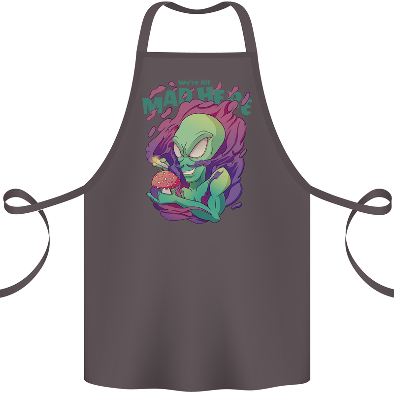 All Mad Here Alien Magic Mushrooms Cotton Apron 100% Organic Dark Grey