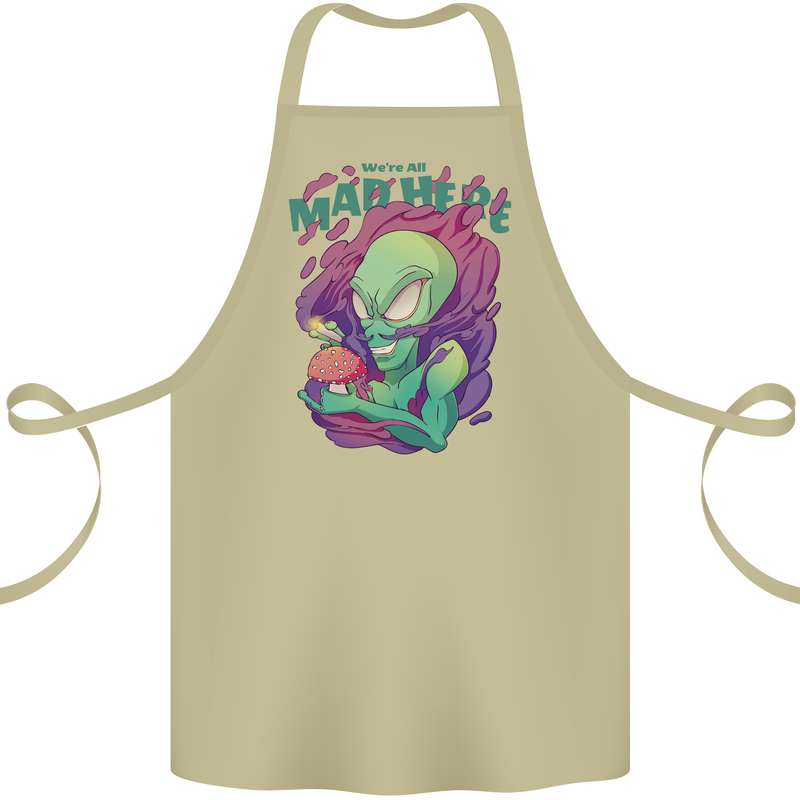 All Mad Here Alien Magic Mushrooms Cotton Apron 100% Organic Khaki