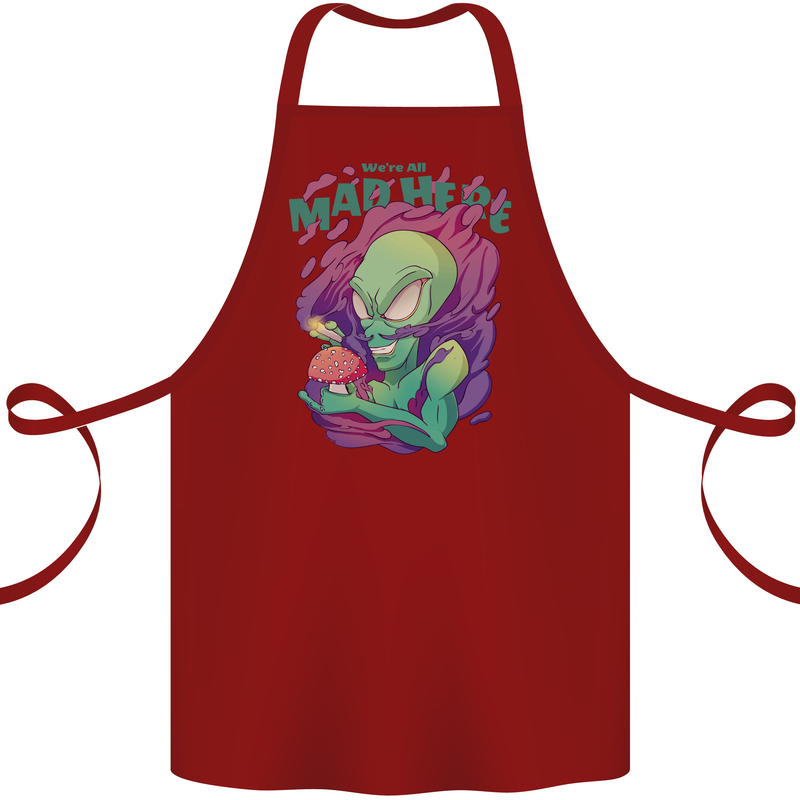 All Mad Here Alien Magic Mushrooms Cotton Apron 100% Organic Maroon