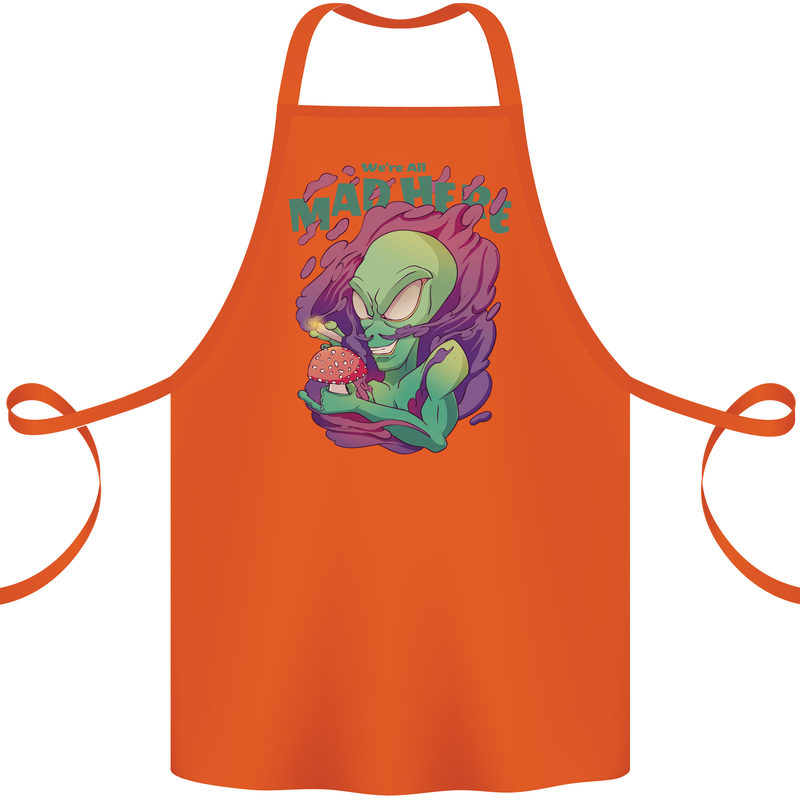 All Mad Here Alien Magic Mushrooms Cotton Apron 100% Organic Orange