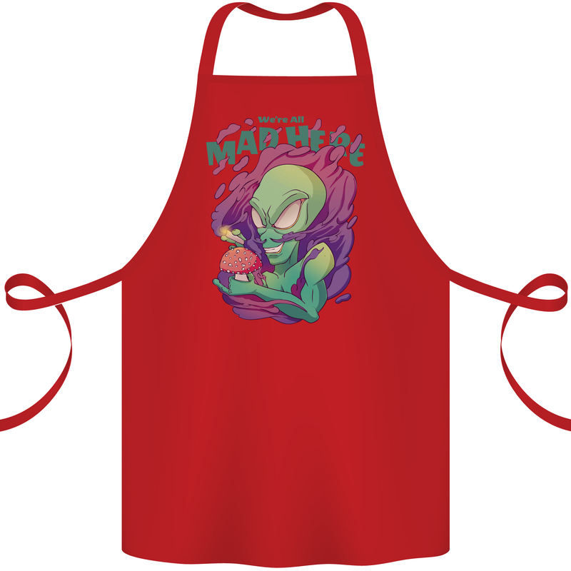 All Mad Here Alien Magic Mushrooms Cotton Apron 100% Organic Red