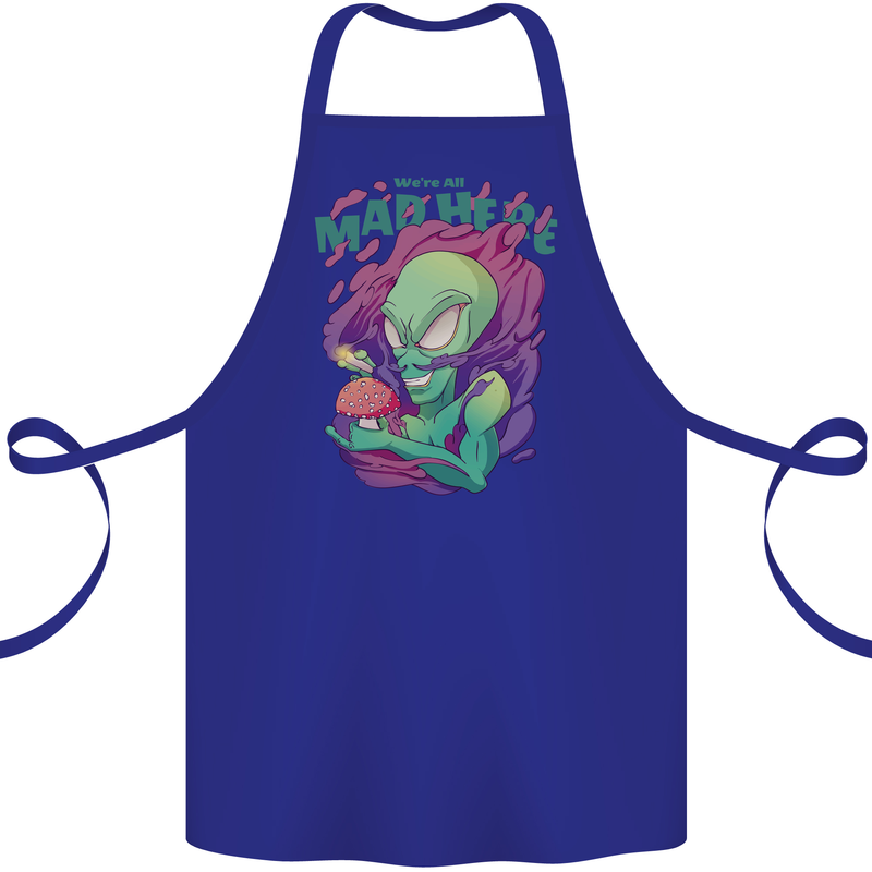 All Mad Here Alien Magic Mushrooms Cotton Apron 100% Organic Royal Blue