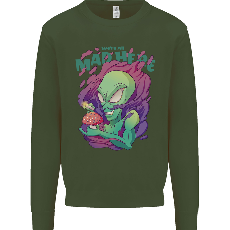 All Mad Here Alien Magic Mushrooms Kids Sweatshirt Jumper Forest Green
