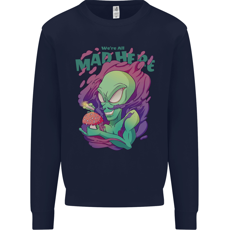 All Mad Here Alien Magic Mushrooms Kids Sweatshirt Jumper Navy Blue