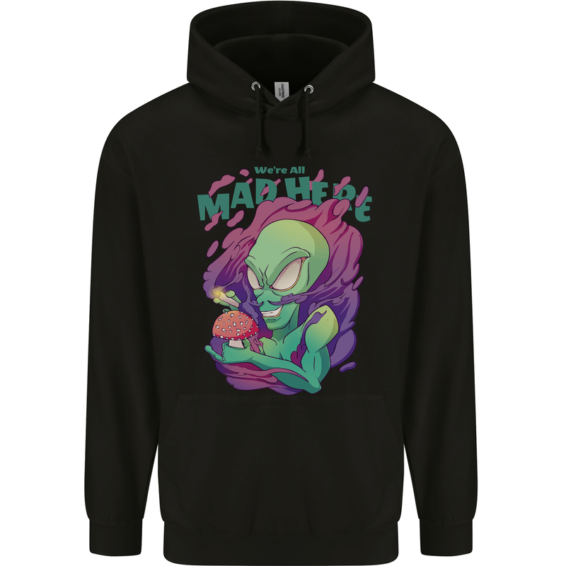 All Mad Here Alien Magic Mushrooms Mens 80% Cotton Hoodie Black