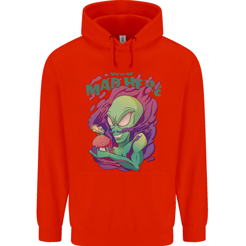 All Mad Here Alien Magic Mushrooms Mens 80% Cotton Hoodie Bright Red