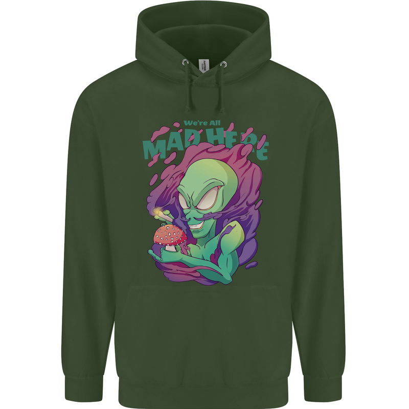 All Mad Here Alien Magic Mushrooms Mens 80% Cotton Hoodie Forest Green