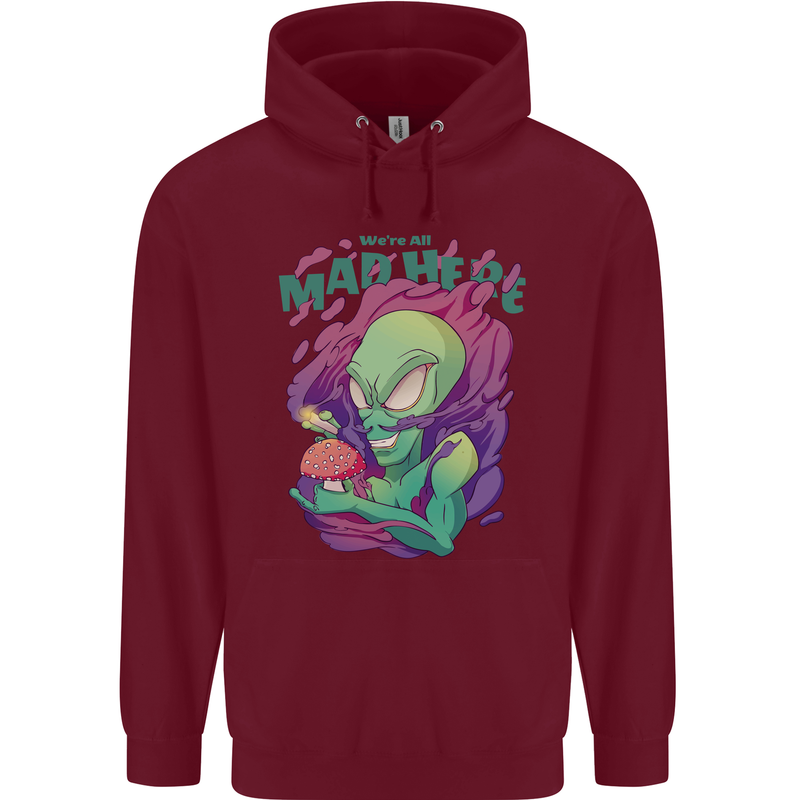 All Mad Here Alien Magic Mushrooms Mens 80% Cotton Hoodie Maroon