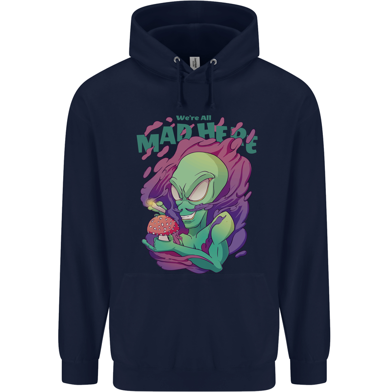 All Mad Here Alien Magic Mushrooms Mens 80% Cotton Hoodie Navy Blue