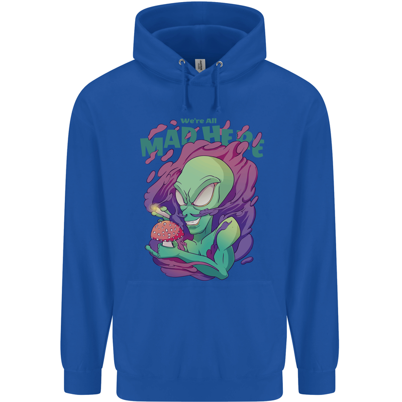 All Mad Here Alien Magic Mushrooms Mens 80% Cotton Hoodie Royal Blue