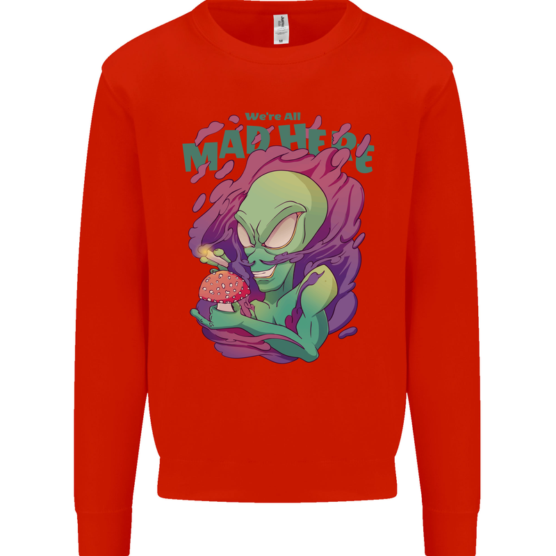 All Mad Here Alien Magic Mushrooms Mens Sweatshirt Jumper Bright Red