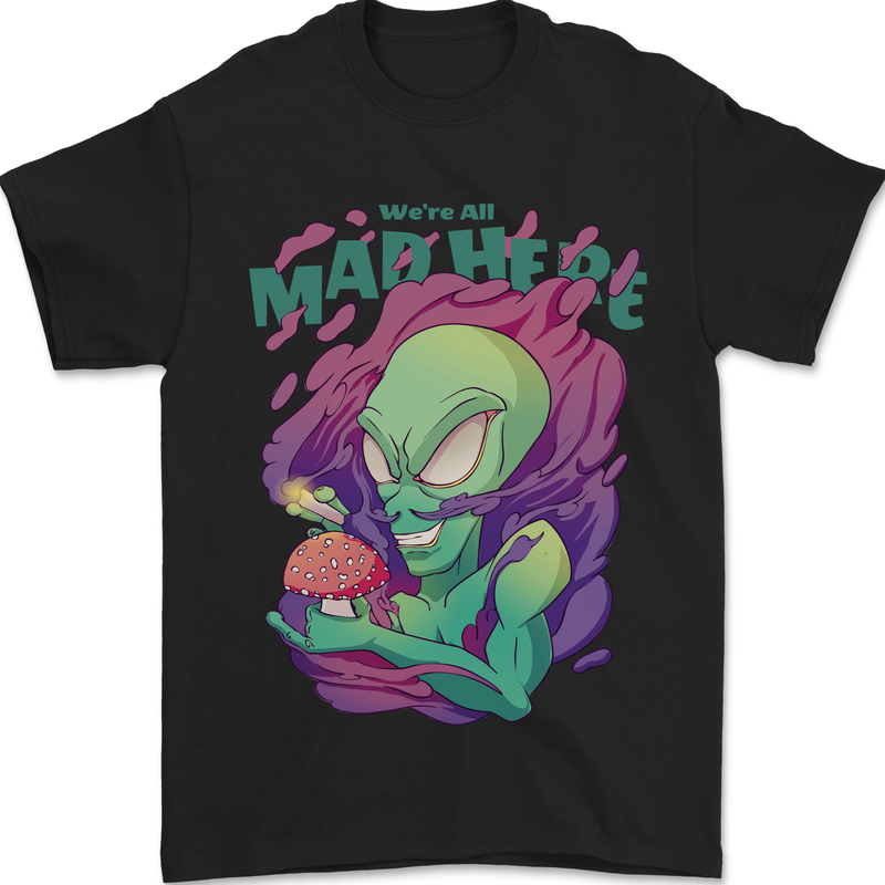 All Mad Here Alien Magic Mushrooms Mens T-Shirt 100% Cotton Black