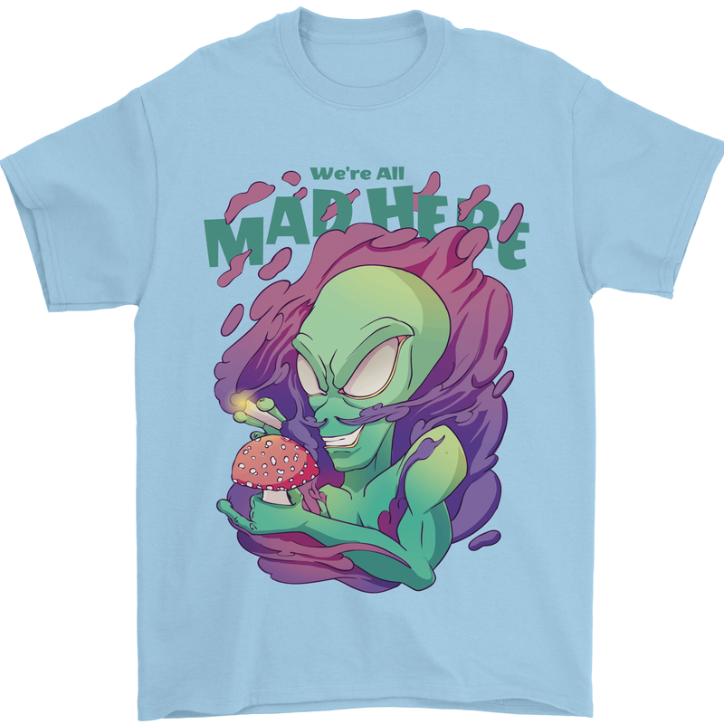 All Mad Here Alien Magic Mushrooms Mens T-Shirt 100% Cotton Light Blue