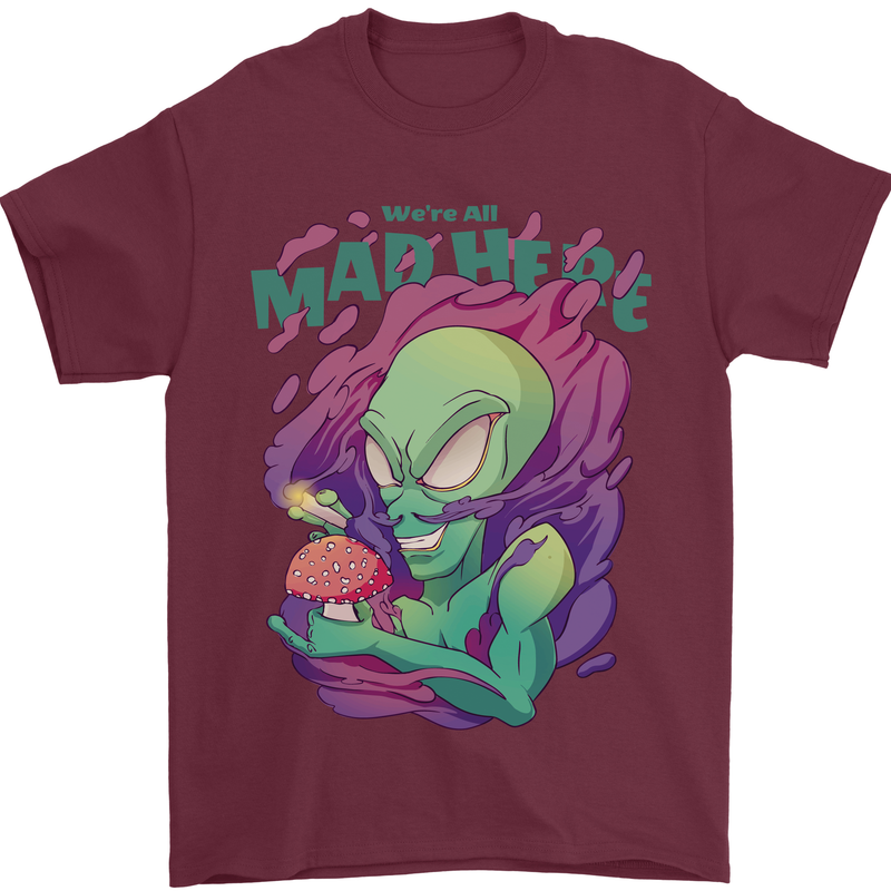 All Mad Here Alien Magic Mushrooms Mens T-Shirt 100% Cotton Maroon