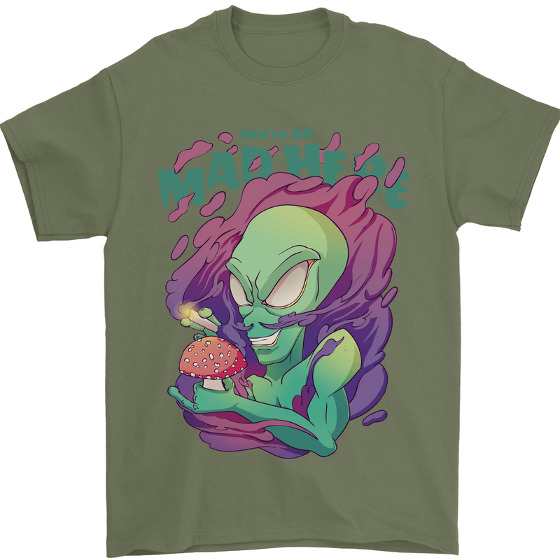 All Mad Here Alien Magic Mushrooms Mens T-Shirt 100% Cotton Military Green