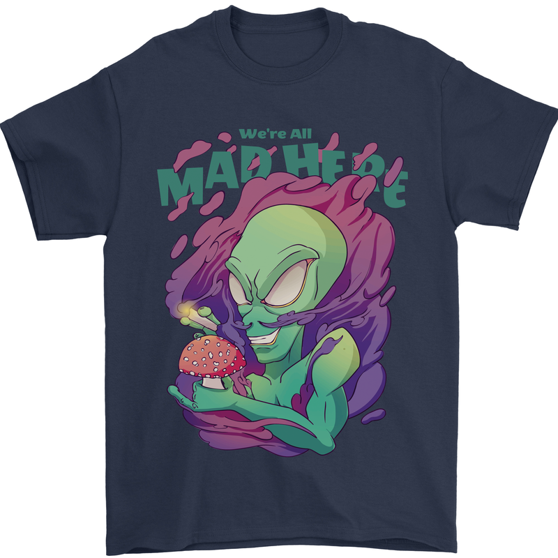 All Mad Here Alien Magic Mushrooms Mens T-Shirt 100% Cotton Navy Blue
