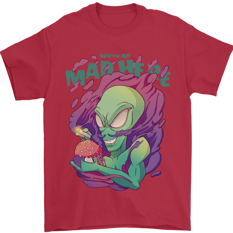 All Mad Here Alien Magic Mushrooms Mens T-Shirt 100% Cotton Red