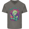 All Mad Here Alien Magic Mushrooms Mens V-Neck Cotton T-Shirt Charcoal