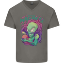 All Mad Here Alien Magic Mushrooms Mens V-Neck Cotton T-Shirt Charcoal