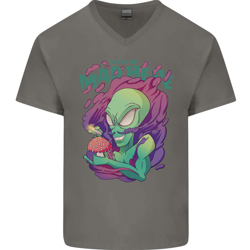 All Mad Here Alien Magic Mushrooms Mens V-Neck Cotton T-Shirt Charcoal