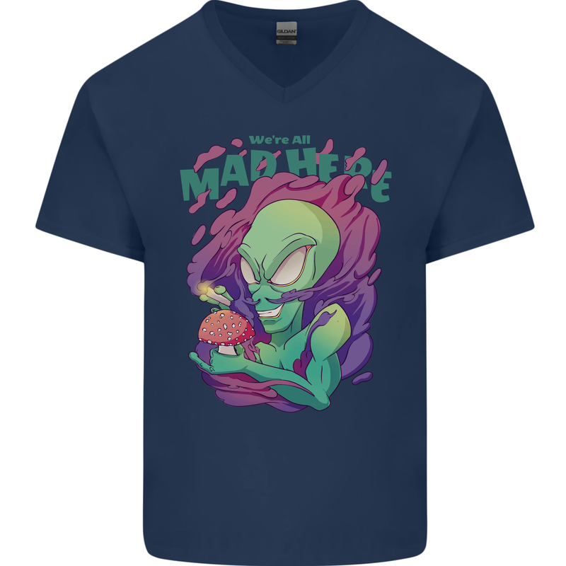 All Mad Here Alien Magic Mushrooms Mens V-Neck Cotton T-Shirt Navy Blue