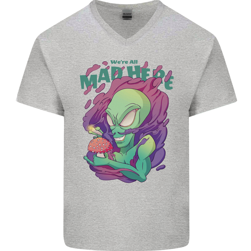 All Mad Here Alien Magic Mushrooms Mens V-Neck Cotton T-Shirt Sports Grey