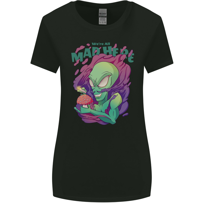 All Mad Here Alien Magic Mushrooms Womens Wider Cut T-Shirt Black