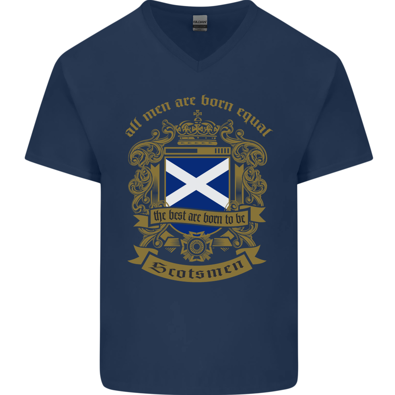 All Men Are Born Equal Scotland Scottish Mens V-Neck Cotton T-Shirt Navy Blue