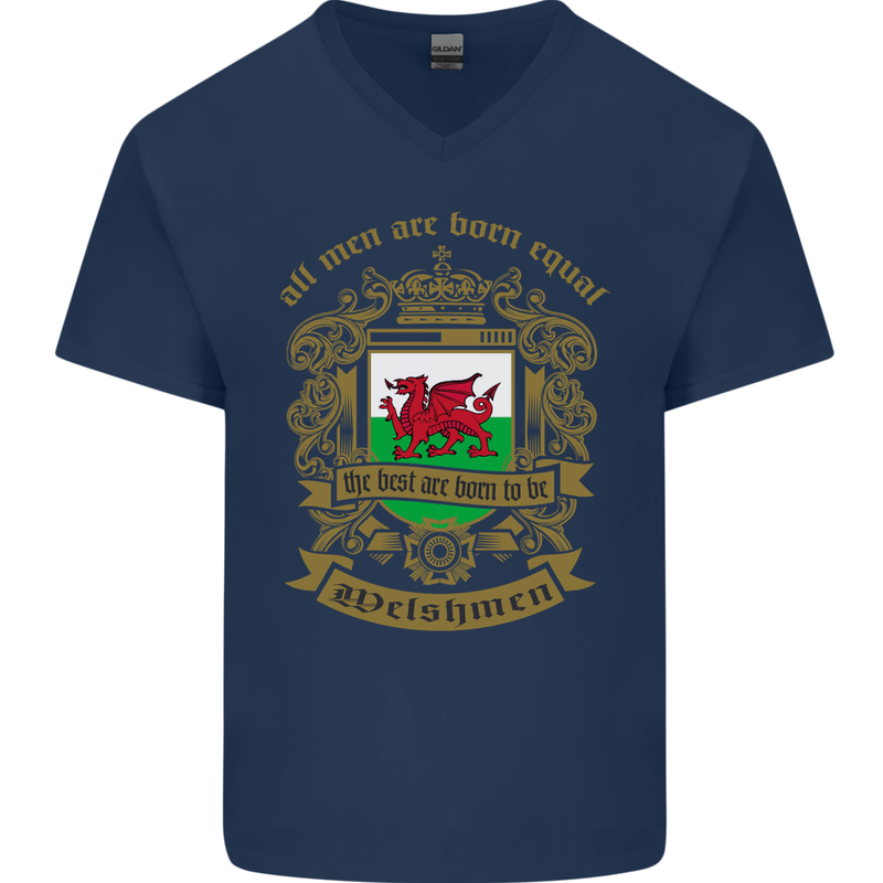 All Men Are Born Equal Welshmen Wales Welsh Mens V-Neck Cotton T-Shirt Navy Blue