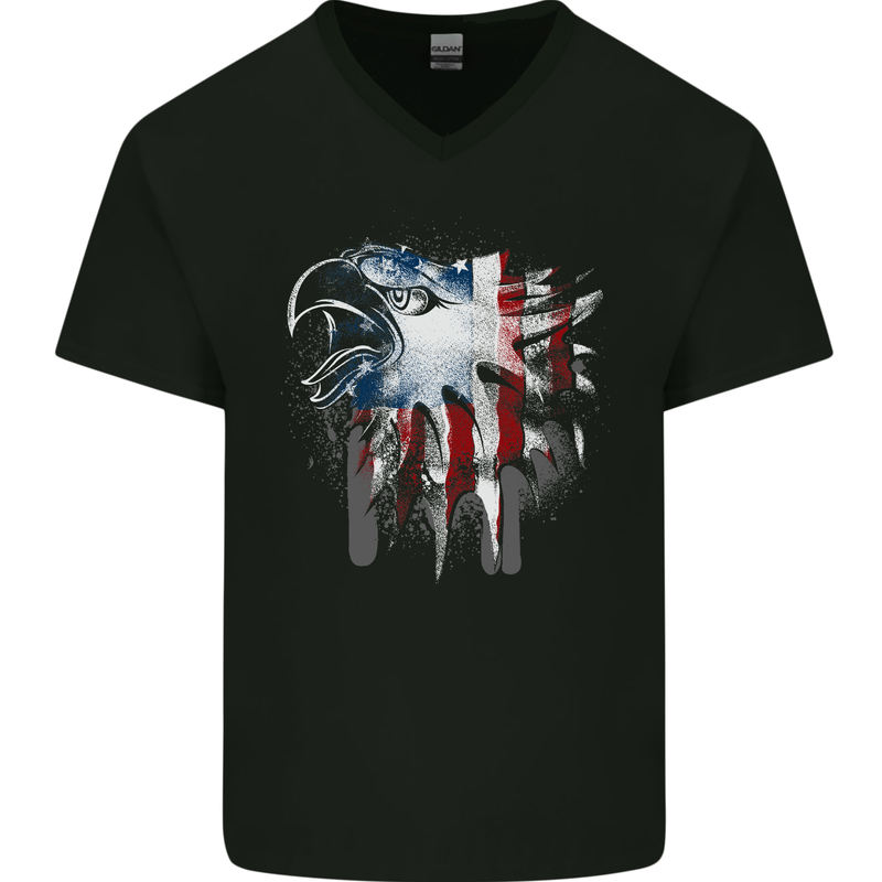 Amerian Eagle With Stars & Stripes Flag USA Mens V-Neck Cotton T-Shirt Black