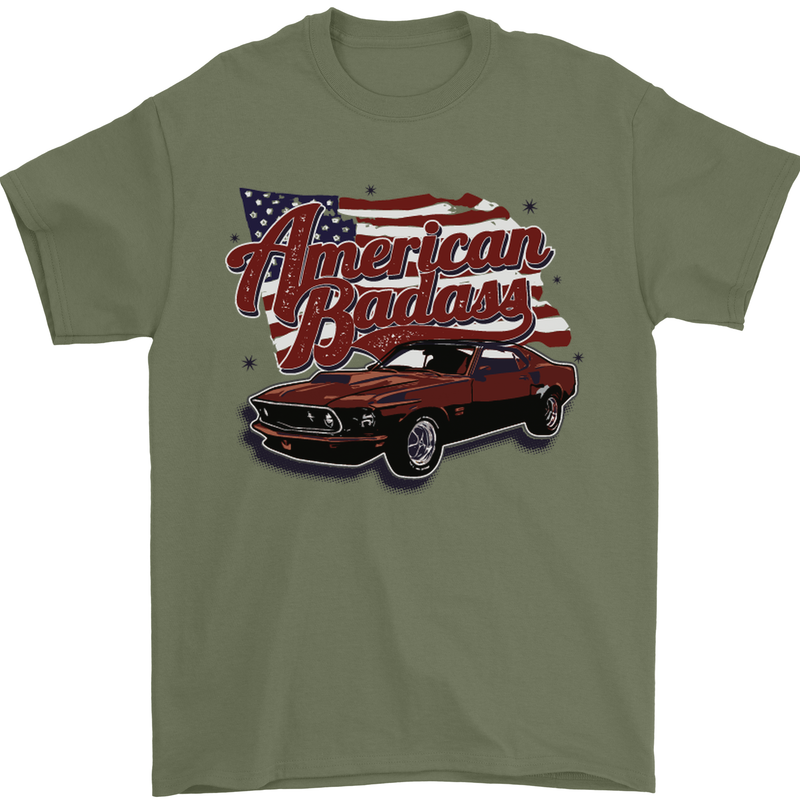 American Badass Muscle Car Mens T-Shirt Cotton Gildan Military Green