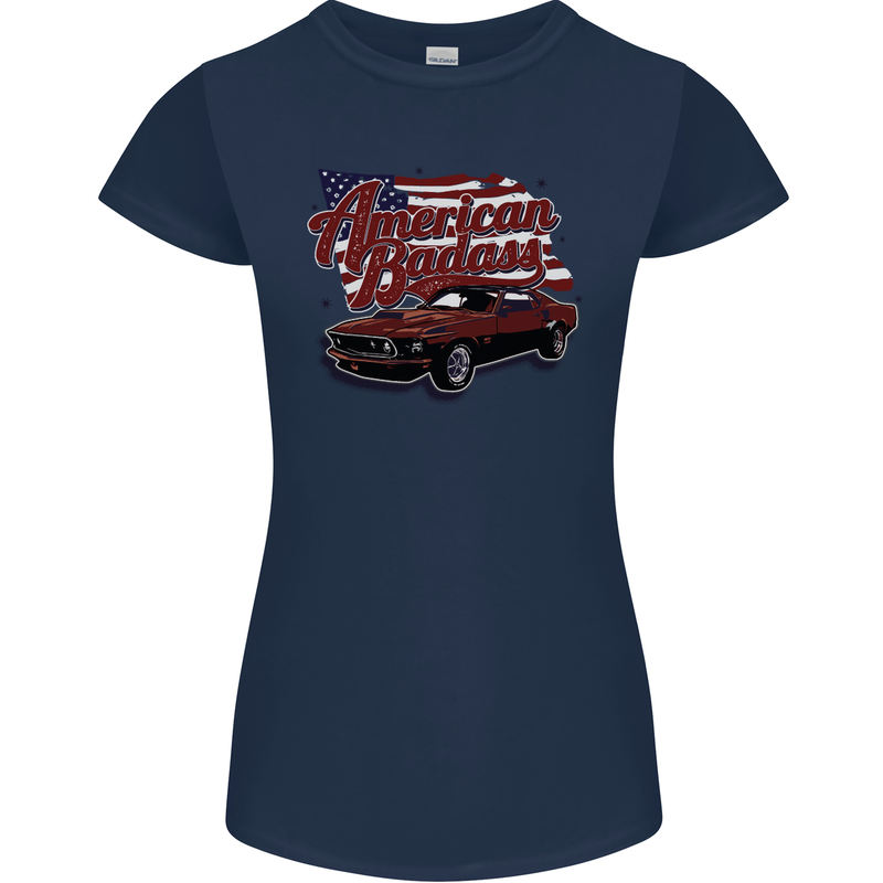 American Badass Muscle Car Womens Petite Cut T-Shirt Navy Blue