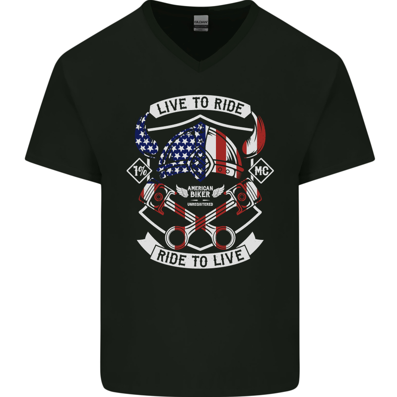 American Biker Motorbike Motorcycle USA Mens V-Neck Cotton T-Shirt Black