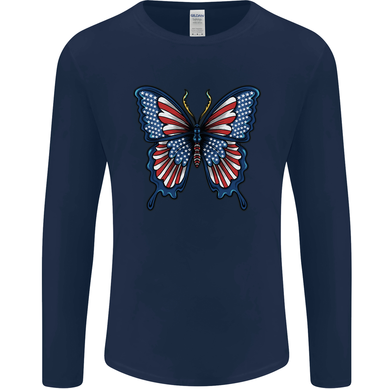 American Butterfly Flag USA July 4th Mens Long Sleeve T-Shirt Navy Blue