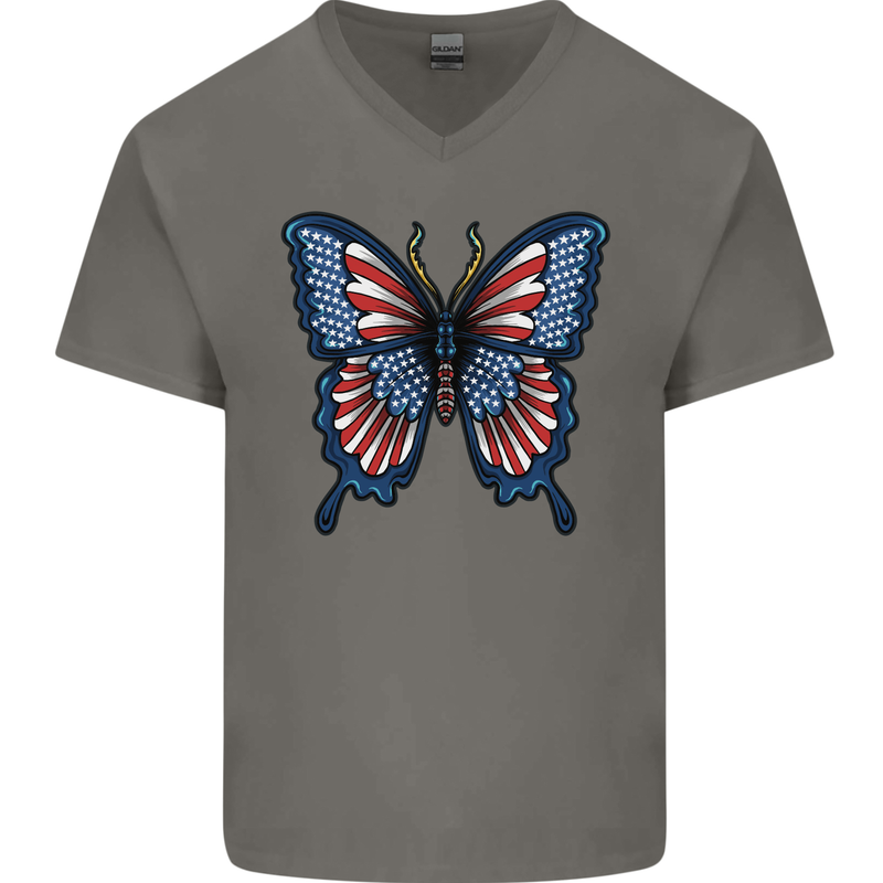 American Butterfly Flag USA July 4th Mens V-Neck Cotton T-Shirt Charcoal