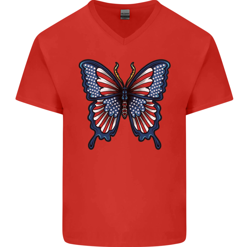 American Butterfly Flag USA July 4th Mens V-Neck Cotton T-Shirt Red