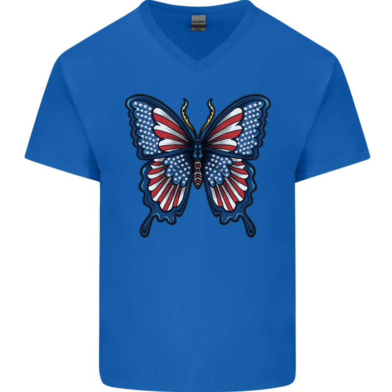American Butterfly Flag USA July 4th Mens V-Neck Cotton T-Shirt Royal Blue