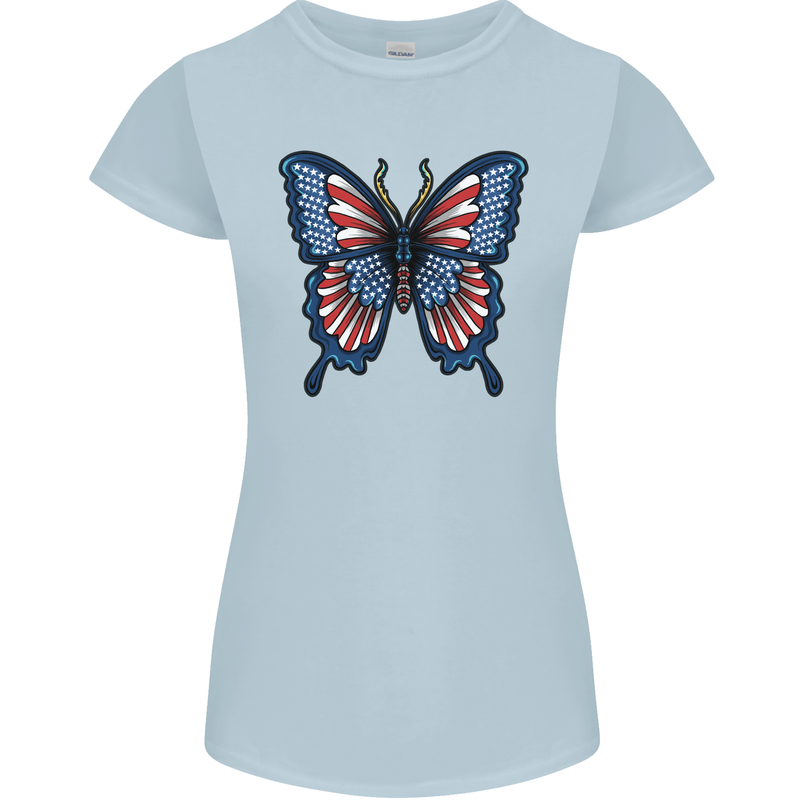 American Butterfly Flag USA July 4th Womens Petite Cut T-Shirt Light Blue