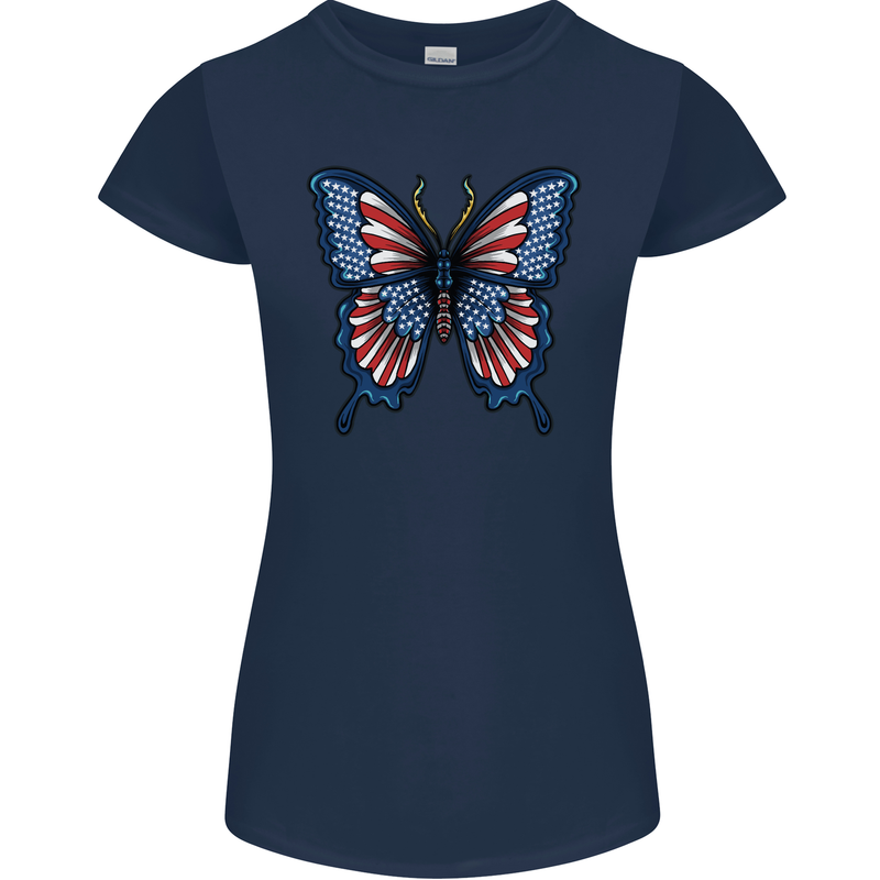 American Butterfly Flag USA July 4th Womens Petite Cut T-Shirt Navy Blue