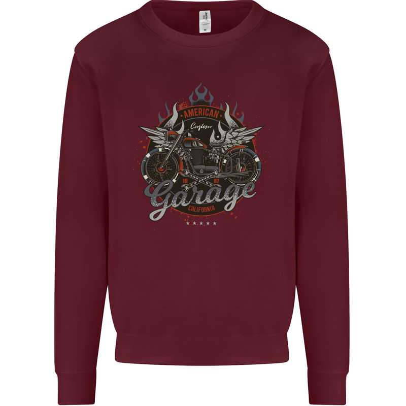 American Custom Garage Biker Motorcycle Kids Sweatshirt Jumper Maroon