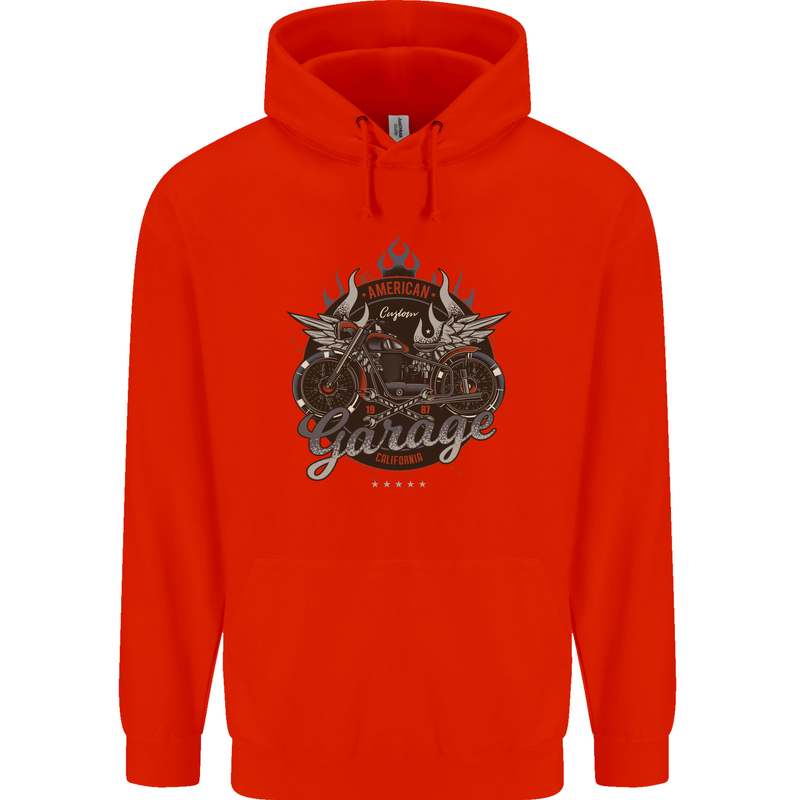American Custom Garage Biker Motorcycle Mens 80% Cotton Hoodie Bright Red