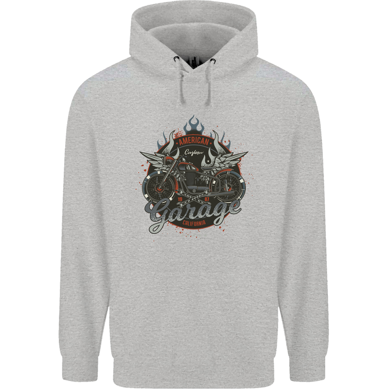 American Custom Garage Biker Motorcycle Mens 80% Cotton Hoodie Sports Grey