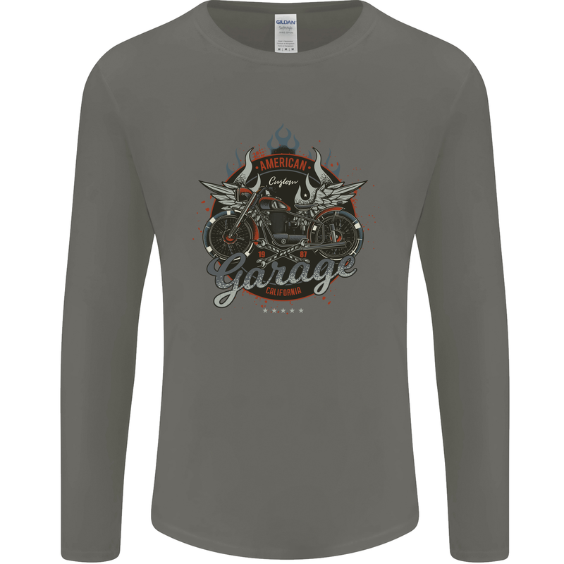 American Custom Garage Biker Motorcycle Mens Long Sleeve T-Shirt Charcoal