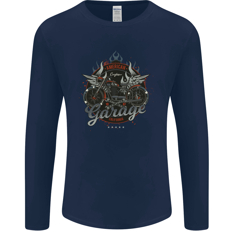 American Custom Garage Biker Motorcycle Mens Long Sleeve T-Shirt Navy Blue