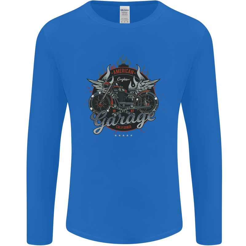 American Custom Garage Biker Motorcycle Mens Long Sleeve T-Shirt Royal Blue