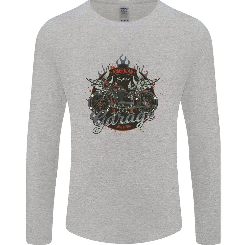 American Custom Garage Biker Motorcycle Mens Long Sleeve T-Shirt Sports Grey