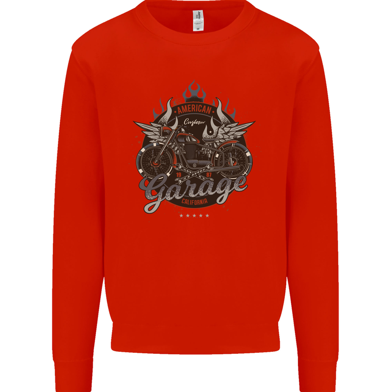 American Custom Garage Biker Motorcycle Mens Sweatshirt Jumper Bright Red