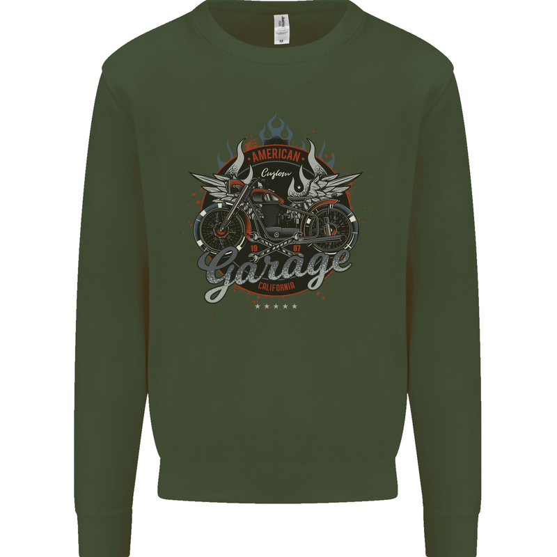 American Custom Garage Biker Motorcycle Mens Sweatshirt Jumper Forest Green